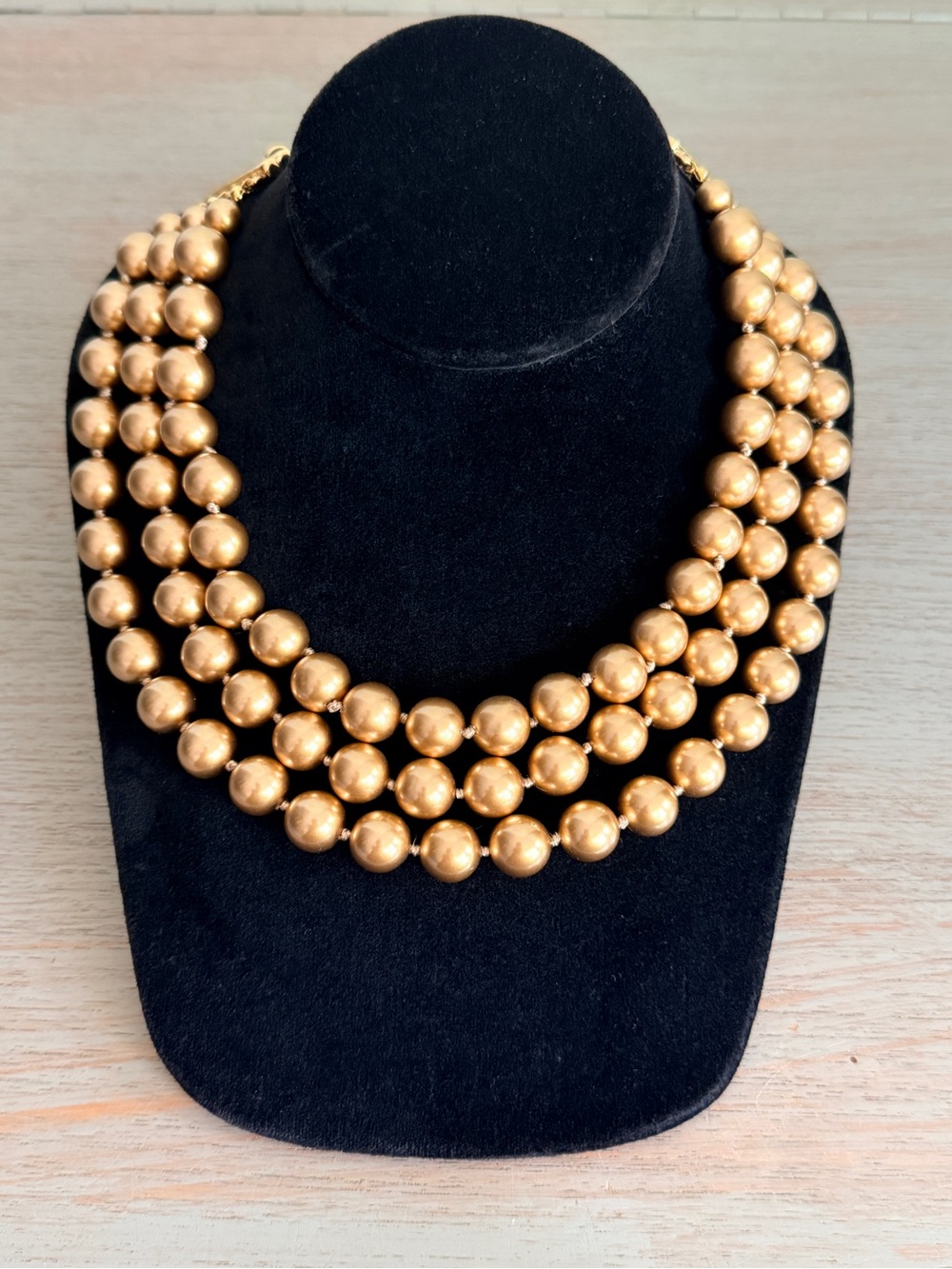 Carolee Vintage Triple Strand Gold Tone Faux Pearl Hand Knotted Choker Necklace